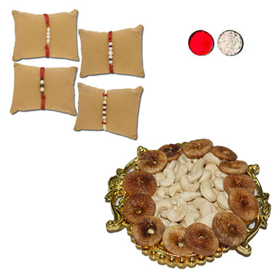 "Glimmering Pearl Rakhi Combo - JPRAK-23-09 (4 Rakhis), Dryfruit Thali - code RD400 - Click here to View more details about this Product